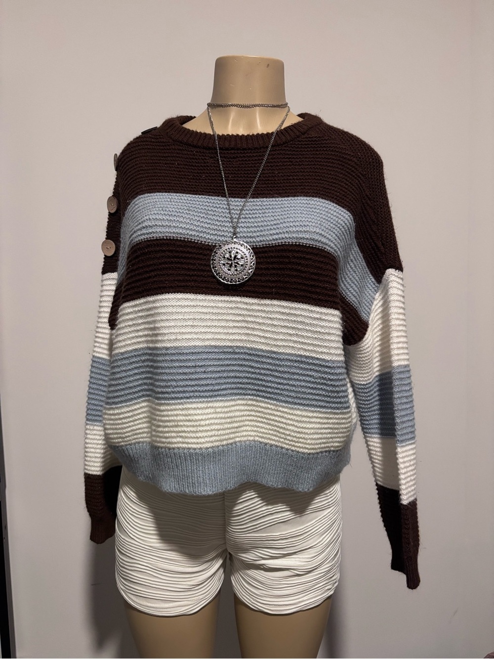 Rue21 Striped Crewneck Sweater in Brown, Light Blue & White